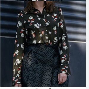 Anthropologie FRNCH Green Floral  Button-Up Blouse. Size M